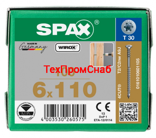 Spax 6*110 регулировочный 0161010601105 (100 шт), Wirox, T30 EAN 4003530260575