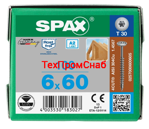 Spax 6x60 мм 0257000600605 (100 шт/упак.) - нержавейка А2, тарельчатая головка T-30