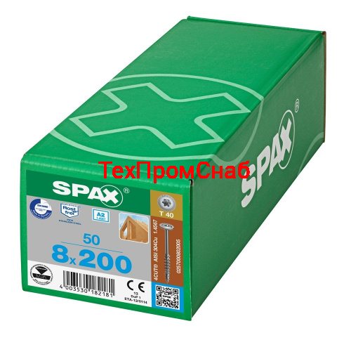 Spax 8x200 мм 0257000802005 (50 шт/упак.) - нержавейка А2, тарельчатая головка T-30 фото 2