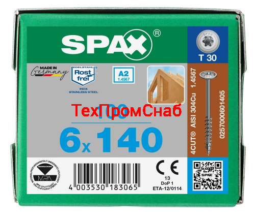 Spax 6x140 мм 0257000601405 (100 шт/упак.) - нержавейка А2, тарельчатая головка T-30